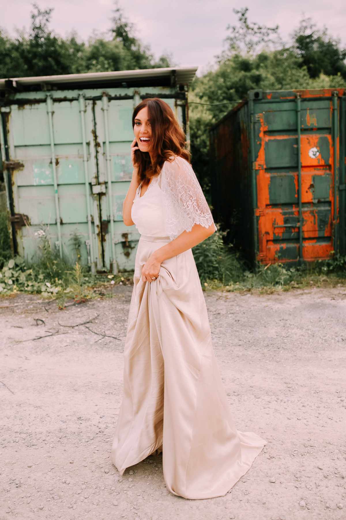 Bride Joanna wore an elegant Kate Beaumont gown for her modern, industrial chic style, minimalist and fuss-free wedding. Photography by Rosie Hardy.