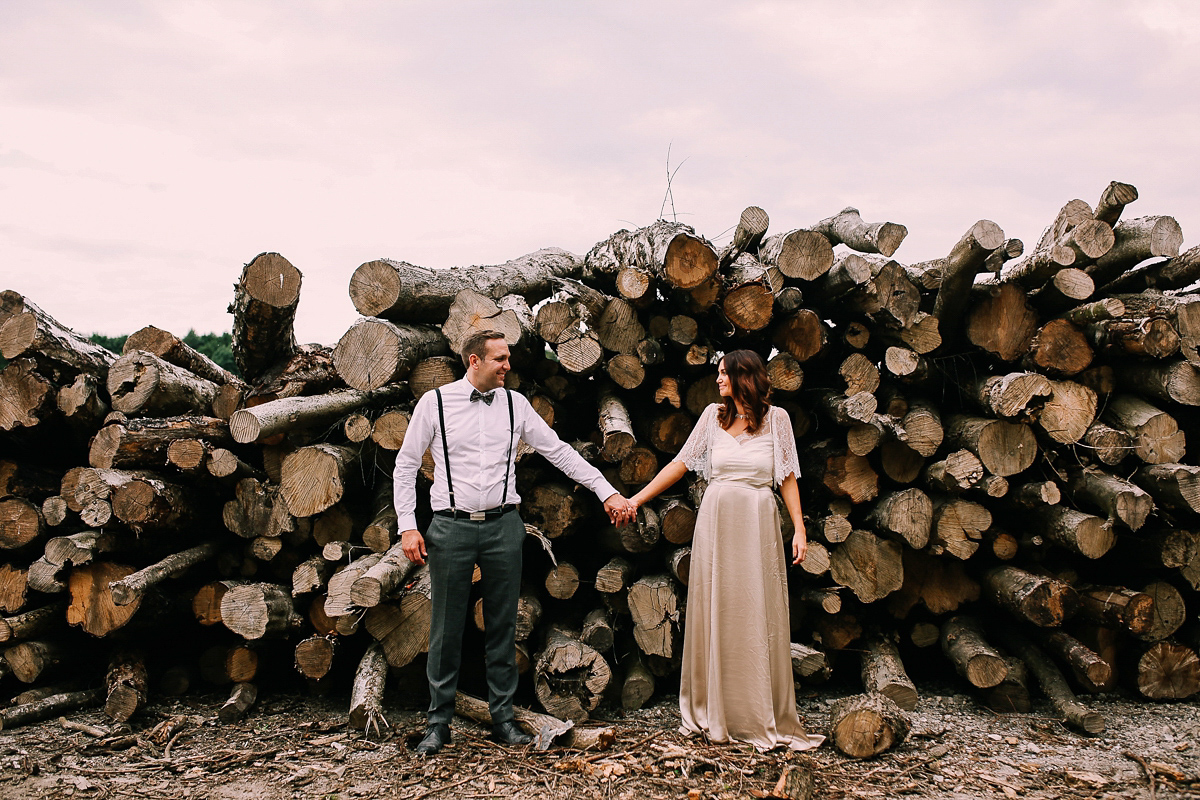 Bride Joanna wore an elegant Kate Beaumont gown for her modern, industrial chic style, minimalist and fuss-free wedding. Photography by Rosie Hardy.