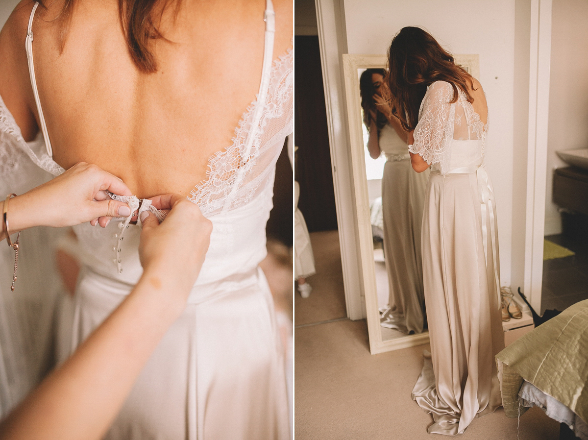 Bride Joanna wore an elegant Kate Beaumont gown for her modern, industrial chic style, minimalist and fuss-free wedding. Photography by Rosie Hardy.