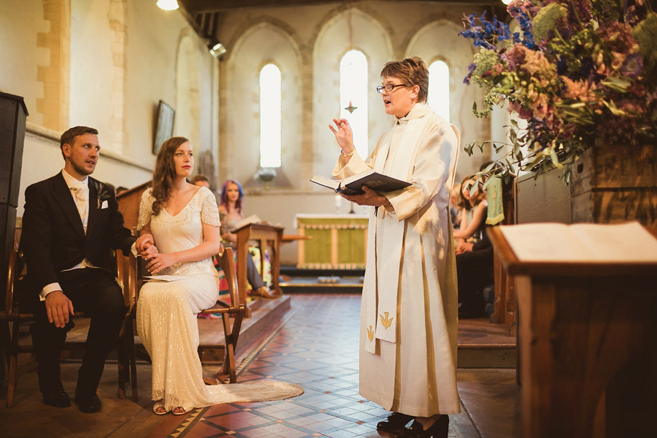 Bride Alison wears a beaded Eliza Jane Howell wedding dress for her glamorous and whimsical summer wedding. Captured by Tom Ravenshear Phtography.