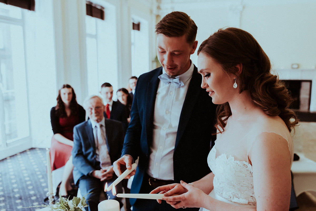 Bride Amy wore a Grace Loves Lace gown for her chic, city wedding in Leeds. Photography by Shutter Go Click.