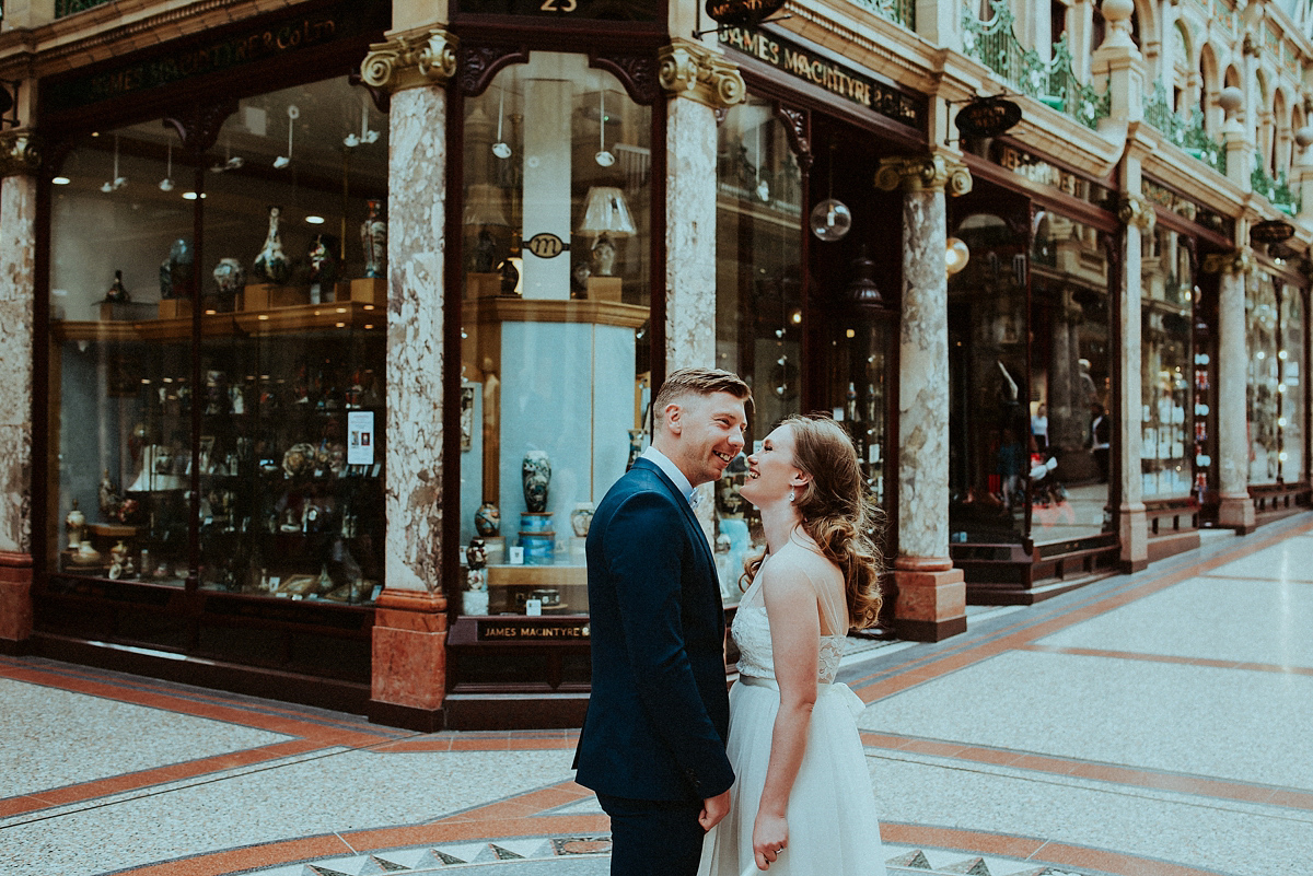 Bride Amy wore a Grace Loves Lace gown for her chic, city wedding in Leeds. Photography by Shutter Go Click.