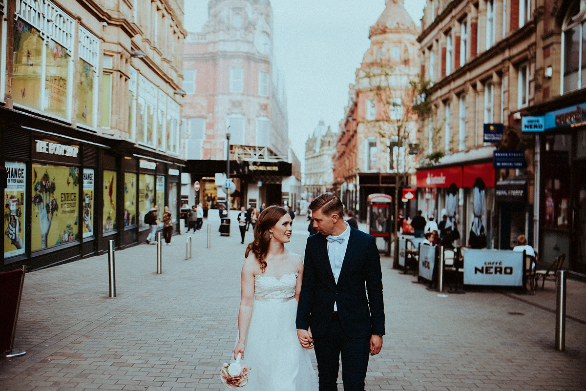 Bride Amy wore a Grace Loves Lace gown for her chic, city wedding in Leeds. Photography by Shutter Go Click.