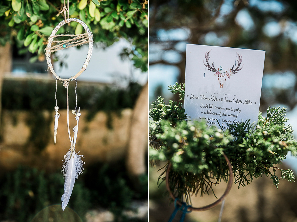 Karen wore an Enzoani gown for her Ibiza destination wedding, her bridesmaids wore Virgos Lounge floor length beaded gowns. Photography by Samie Lee.