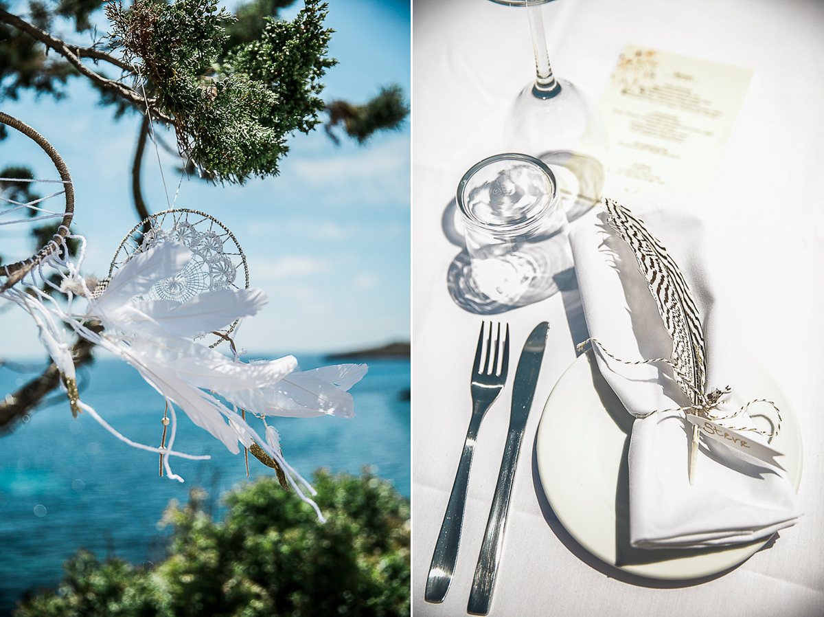 Karen wore an Enzoani gown for her Ibiza destination wedding, her bridesmaids wore Virgos Lounge floor length beaded gowns. Photography by Samie Lee.