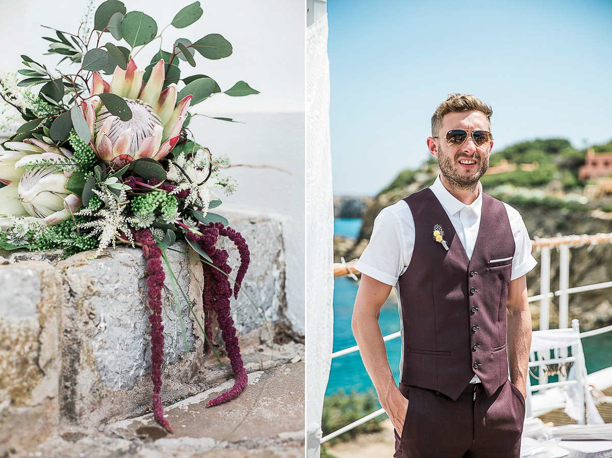 Karen wore an Enzoani gown for her Ibiza destination wedding, her bridesmaids wore Virgos Lounge floor length beaded gowns. Photography by Samie Lee.