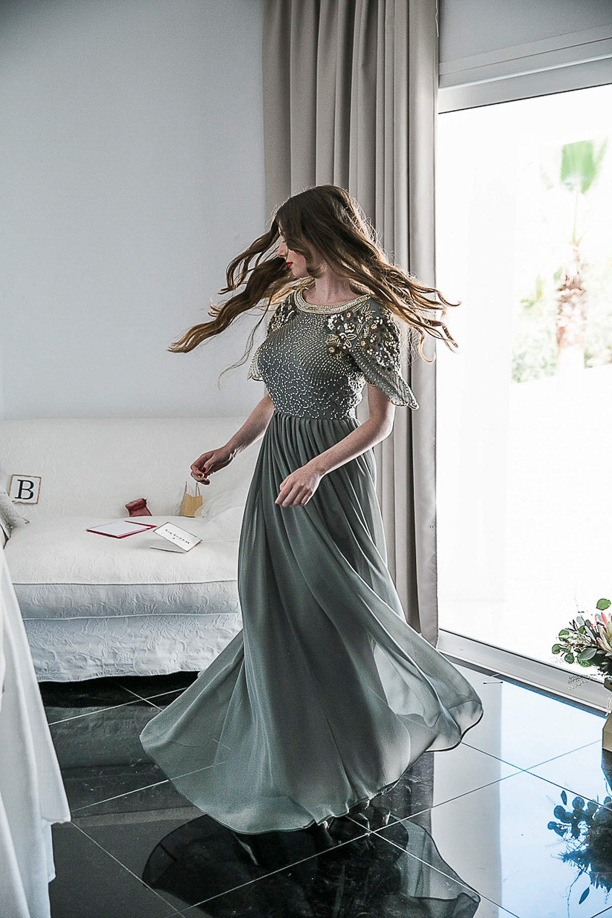 Karen wore an Enzoani gown for her Ibiza destination wedding, her bridesmaids wore Virgos Lounge floor length beaded gowns. Photography by Samie Lee.