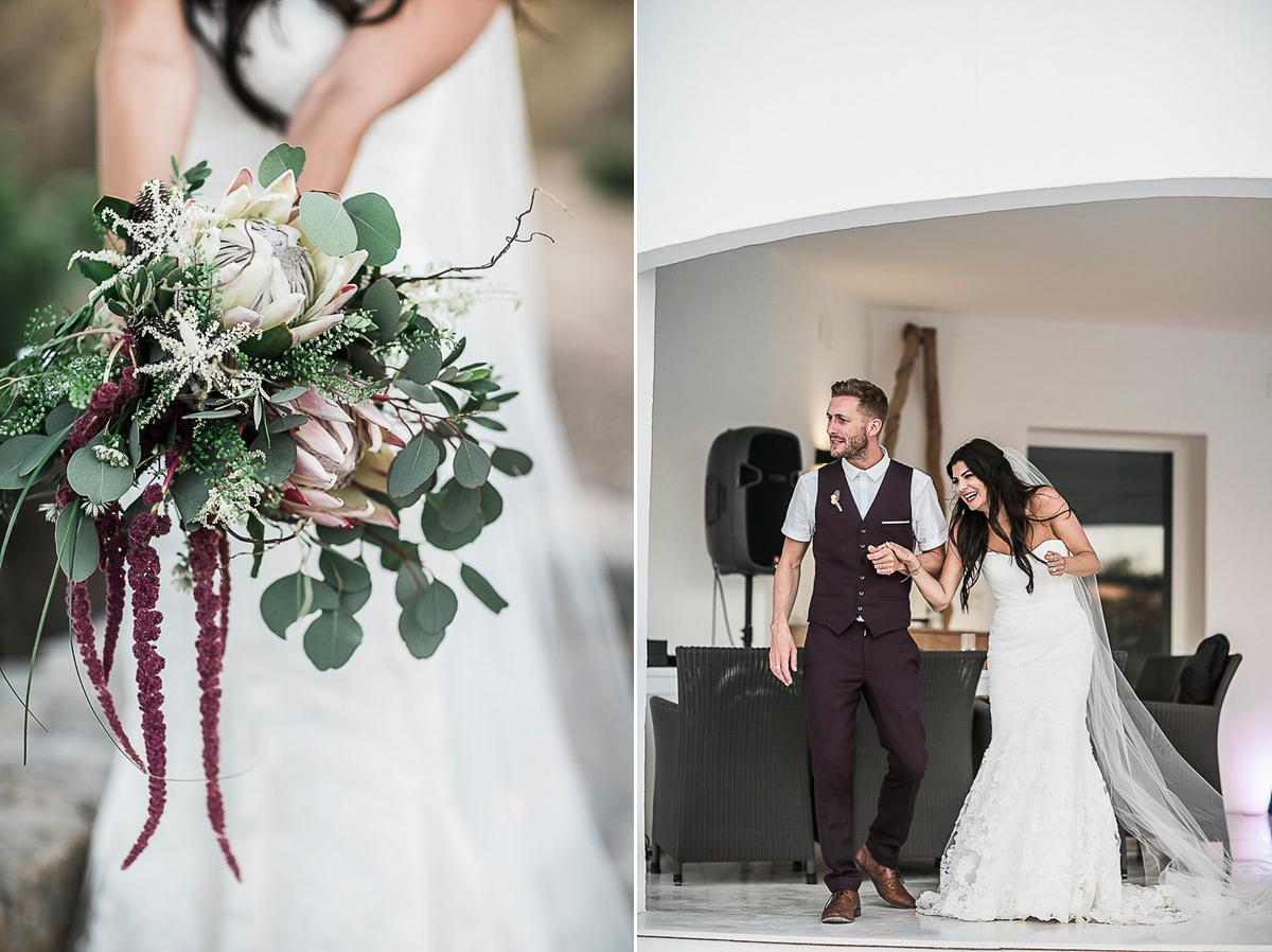 Karen wore an Enzoani gown for her Ibiza destination wedding, her bridesmaids wore Virgos Lounge floor length beaded gowns. Photography by Samie Lee.