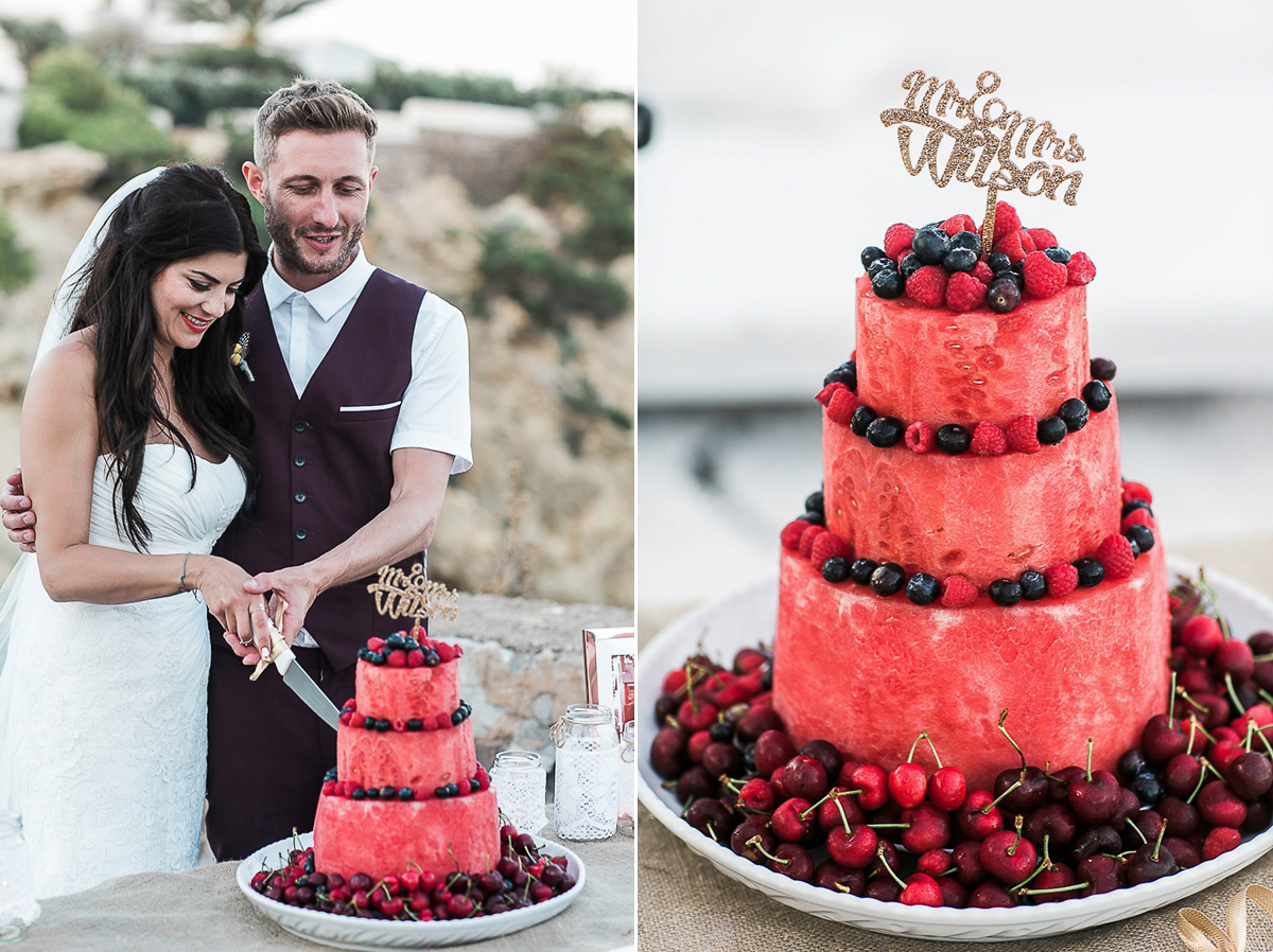 Karen wore an Enzoani gown for her Ibiza destination wedding, her bridesmaids wore Virgos Lounge floor length beaded gowns. Photography by Samie Lee.