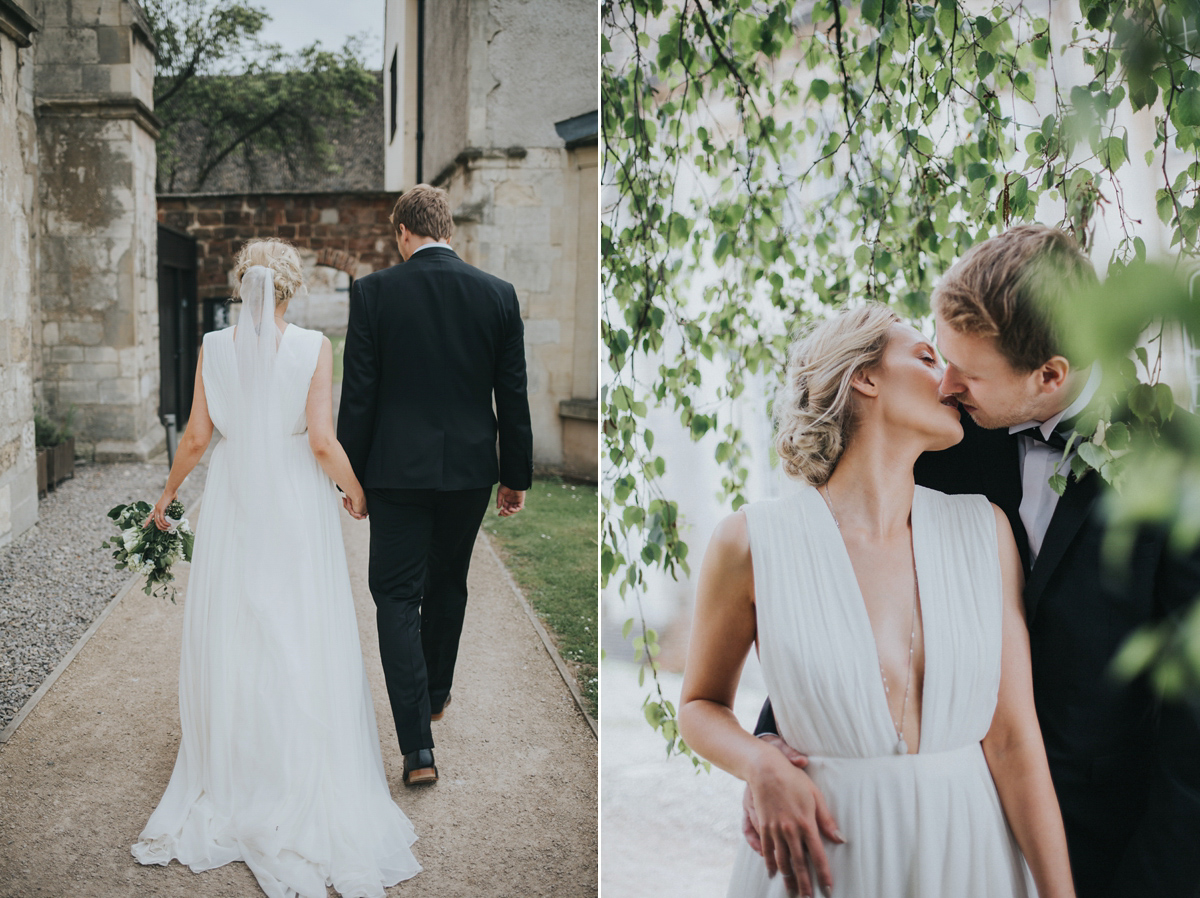 Barefoot bride Zoё wore a dress she had designed herself for her effortlessly elegant wedding at Blackfriar medieval priory in Gloucester. Captured by Grace Elizabeth Photography.