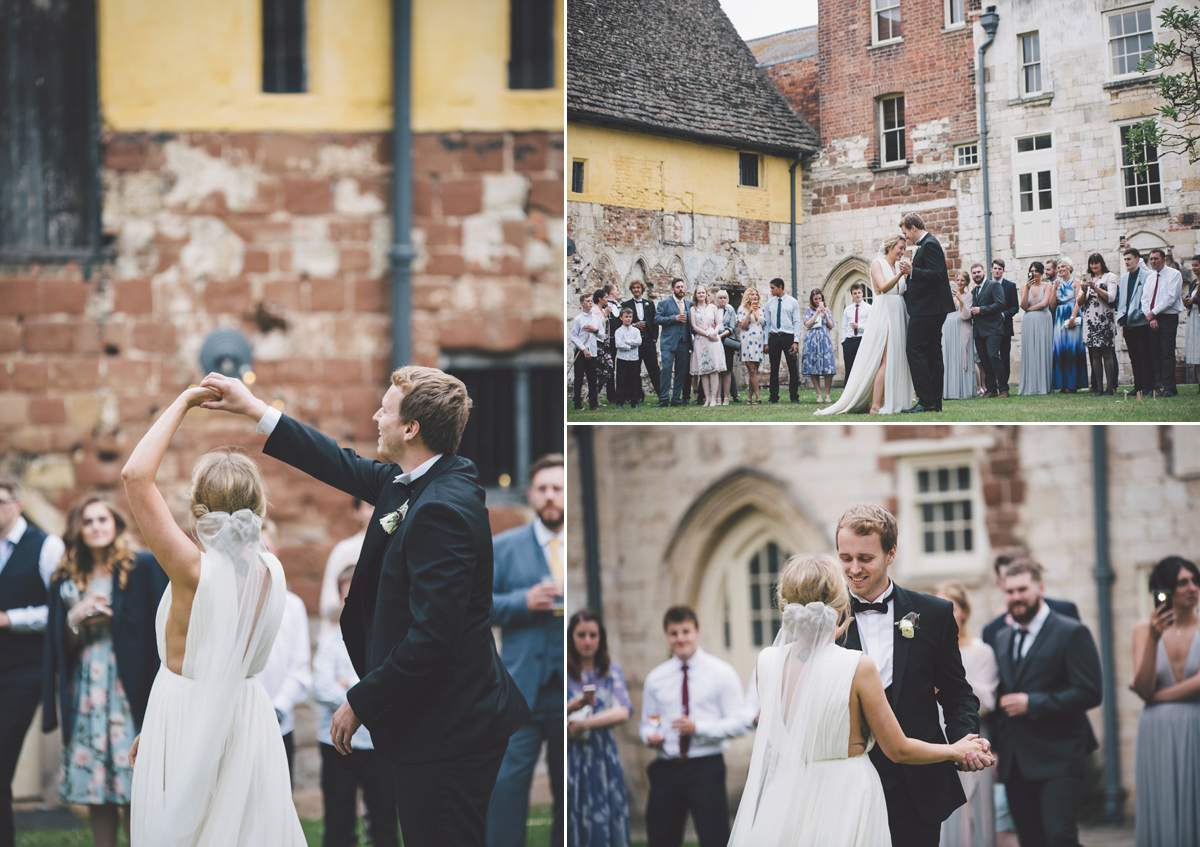 Barefoot bride Zoё wore a dress she had designed herself for her effortlessly elegant wedding at Blackfriar medieval priory in Gloucester. Captured by Grace Elizabeth Photography.