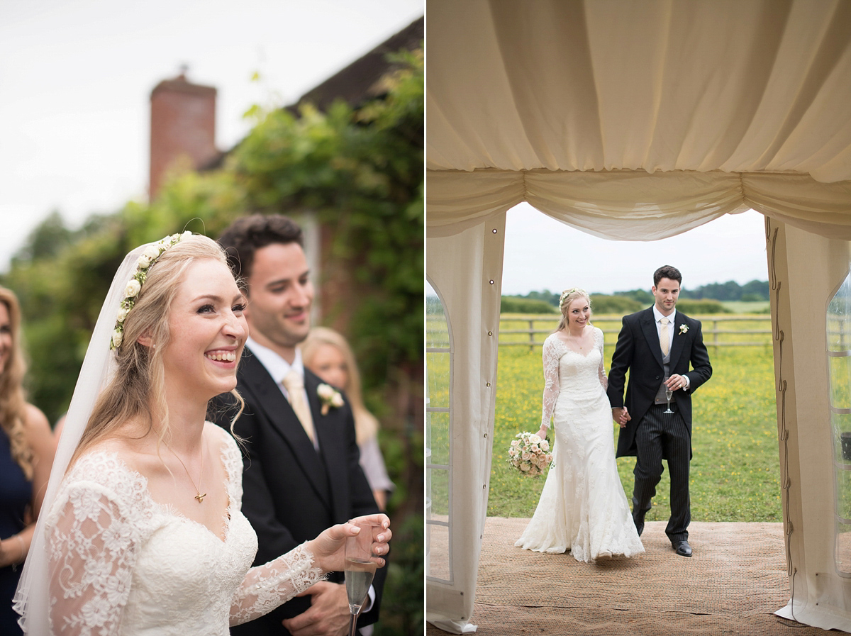 Wedding stationery and illusrator Isabel of Bel & Bee wore an Essense of Australia gown for her English country wedding full of charm. Images by Faye Cornhill.