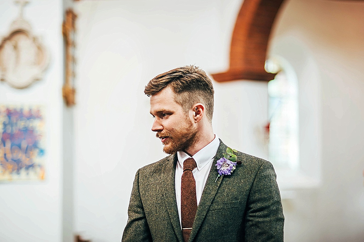 Bride Amelia wore a pale blue/grey Self Portrait dress for her handmade and stripped back, non traditional wedding. Captured by Three Flowers Photography.