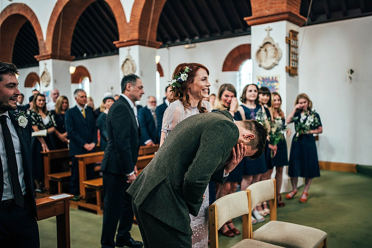 Bride Amelia wore a pale blue/grey Self Portrait dress for her handmade and stripped back, non traditional wedding. Captured by Three Flowers Photography.