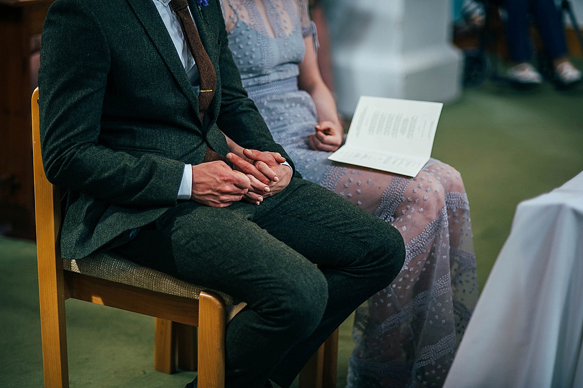 Bride Amelia wore a pale blue/grey Self Portrait dress for her handmade and stripped back, non traditional wedding. Captured by Three Flowers Photography.