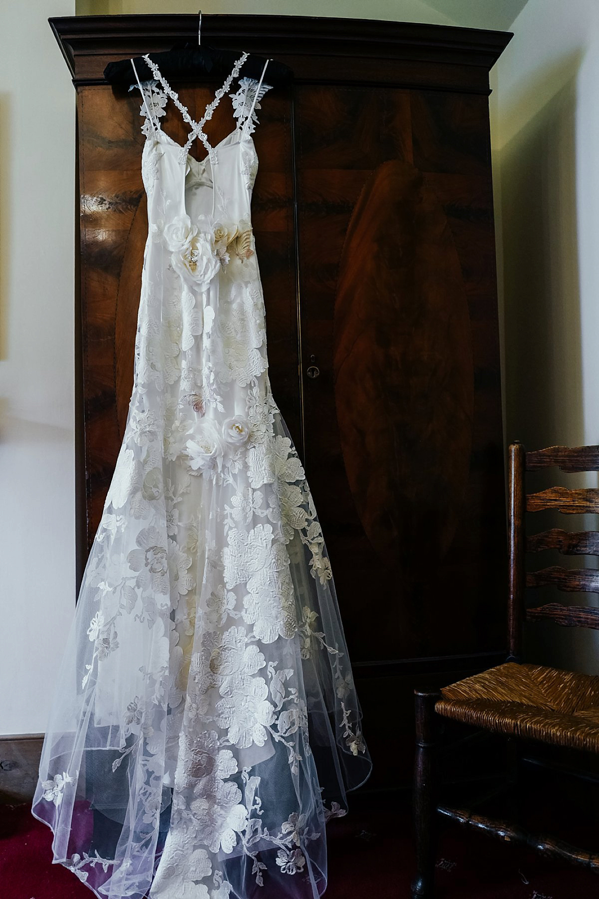 Beautiful bride Clare wore the Mariposa gown by Claire Pettibone for her laid back, fun and elegant Lake District Wedding. Photography by Lisa Aldersley.