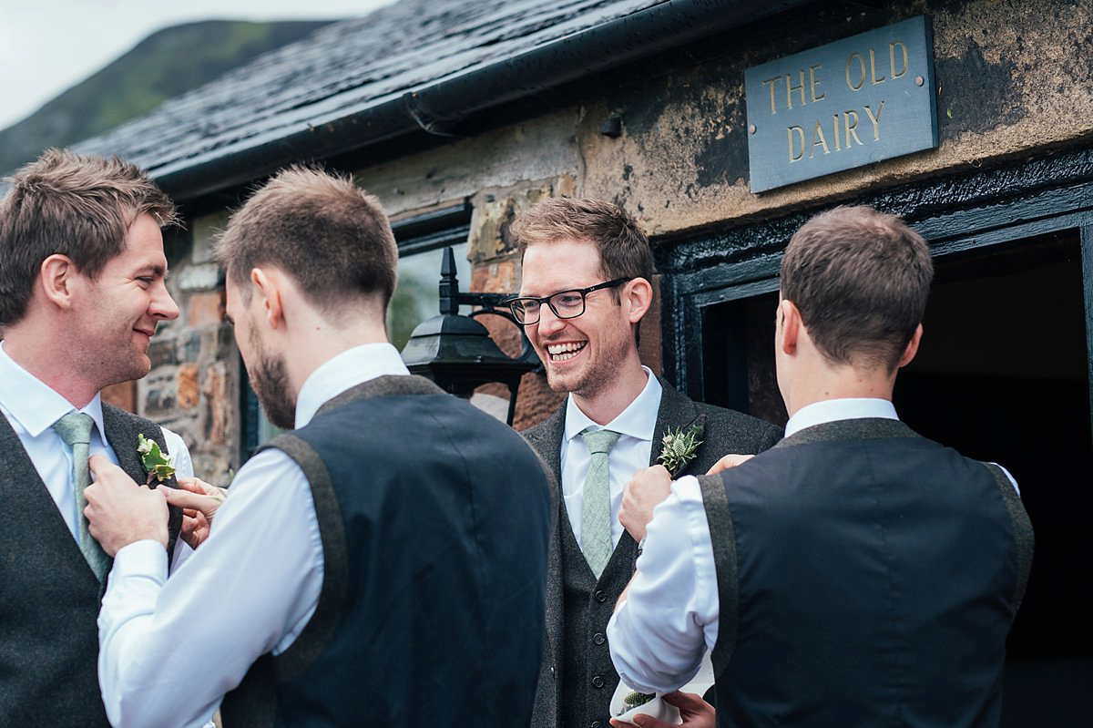 Beautiful bride Clare wore the Mariposa gown by Claire Pettibone for her laid back, fun and elegant Lake District Wedding. Photography by Lisa Aldersley.