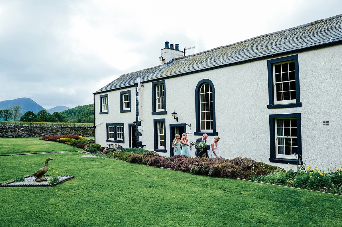 Beautiful bride Clare wore the Mariposa gown by Claire Pettibone for her laid back, fun and elegant Lake District Wedding. Photography by Lisa Aldersley.