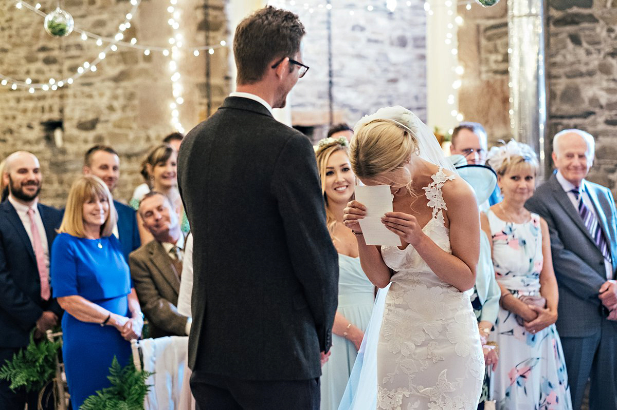 Beautiful bride Clare wore the Mariposa gown by Claire Pettibone for her laid back, fun and elegant Lake District Wedding. Photography by Lisa Aldersley.