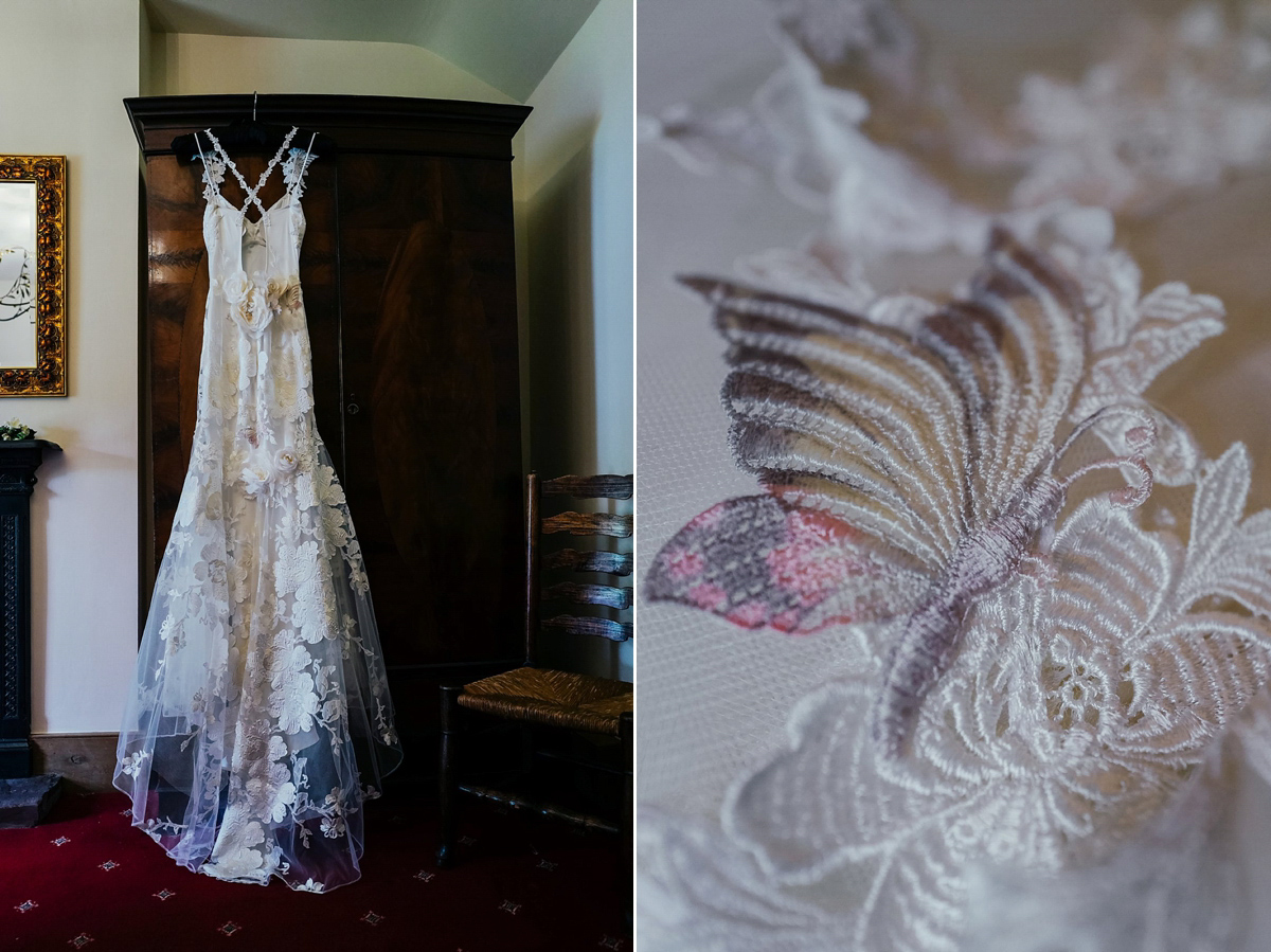 Beautiful bride Clare wore the Mariposa gown by Claire Pettibone for her laid back, fun and elegant Lake District Wedding. Photography by Lisa Aldersley.