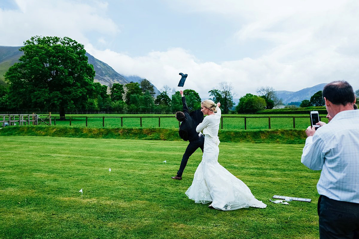 Beautiful bride Clare wore the Mariposa gown by Claire Pettibone for her laid back, fun and elegant Lake District Wedding. Photography by Lisa Aldersley.