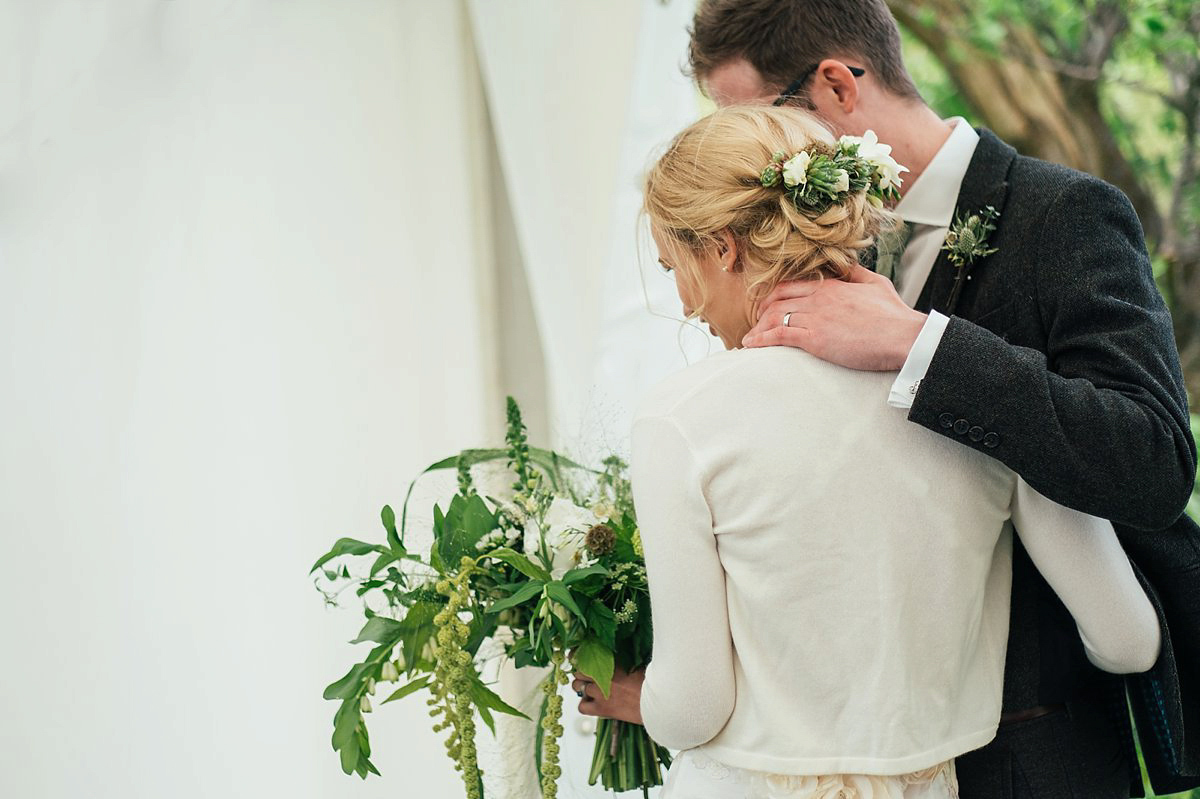 Beautiful bride Clare wore the Mariposa gown by Claire Pettibone for her laid back, fun and elegant Lake District Wedding. Photography by Lisa Aldersley.