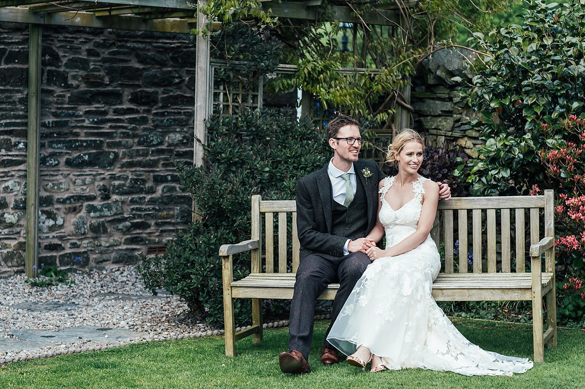 Beautiful bride Clare wore the Mariposa gown by Claire Pettibone for her laid back, fun and elegant Lake District Wedding. Photography by Lisa Aldersley.