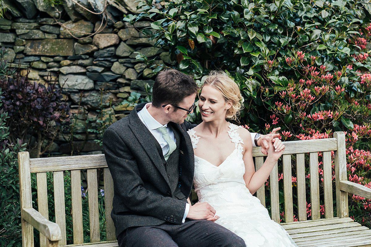 Beautiful bride Clare wore the Mariposa gown by Claire Pettibone for her laid back, fun and elegant Lake District Wedding. Photography by Lisa Aldersley.