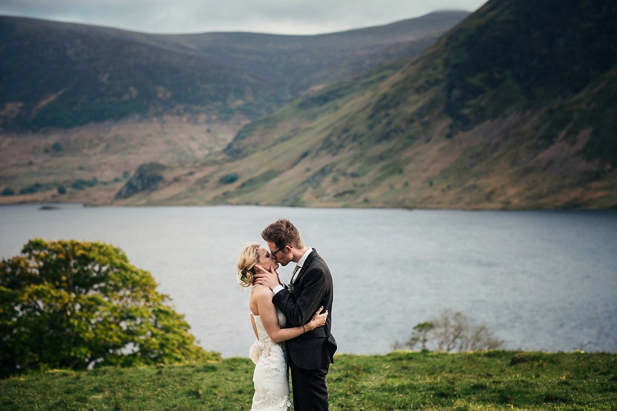 Beautiful bride Clare wore the Mariposa gown by Claire Pettibone for her laid back, fun and elegant Lake District Wedding. Photography by Lisa Aldersley.