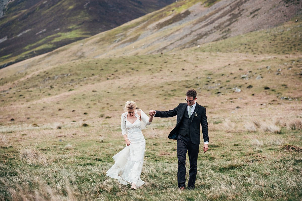 Beautiful bride Clare wore the Mariposa gown by Claire Pettibone for her laid back, fun and elegant Lake District Wedding. Photography by Lisa Aldersley.