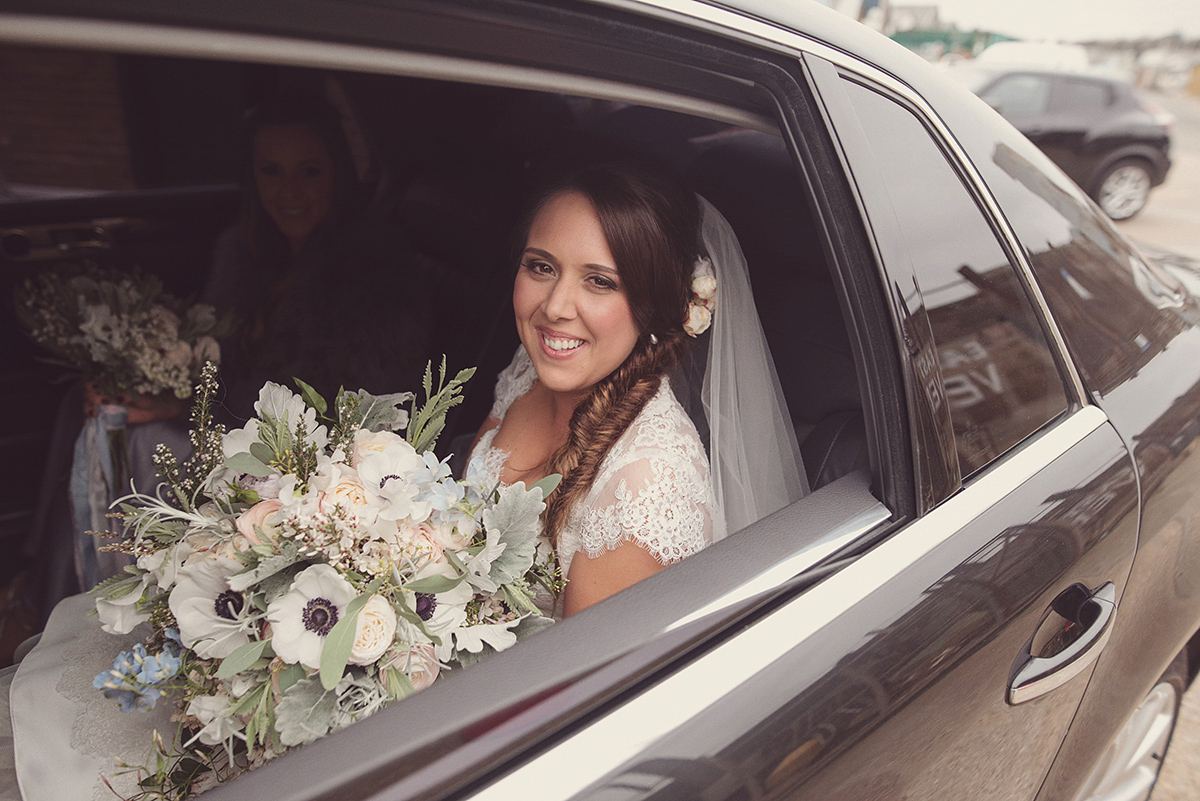 Florist Joanne of Joanne Truby Floral Design wore Stewart Parvin to marry her beau Steve by the sea in Whitstable. Photography by Rebecca Douglas.