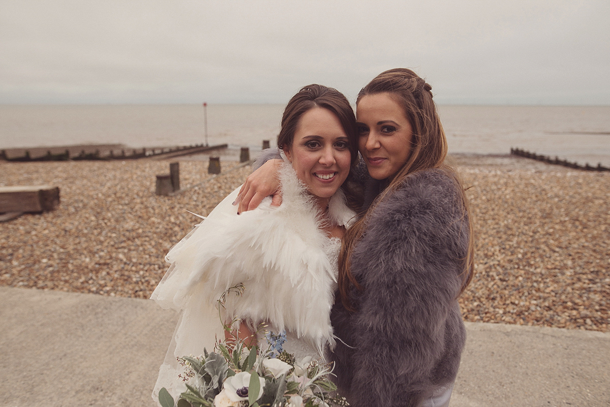 Florist Joanne of Joanne Truby Floral Design wore Stewart Parvin to marry her beau Steve by the sea in Whitstable. Photography by Rebecca Douglas.