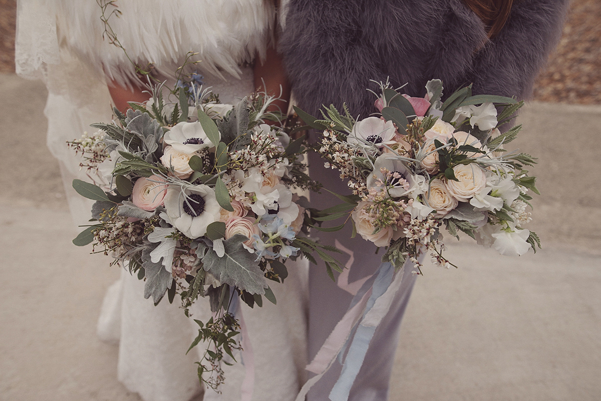 Florist Joanne of Joanne Truby Floral Design wore Stewart Parvin to marry her beau Steve by the sea in Whitstable. Photography by Rebecca Douglas.