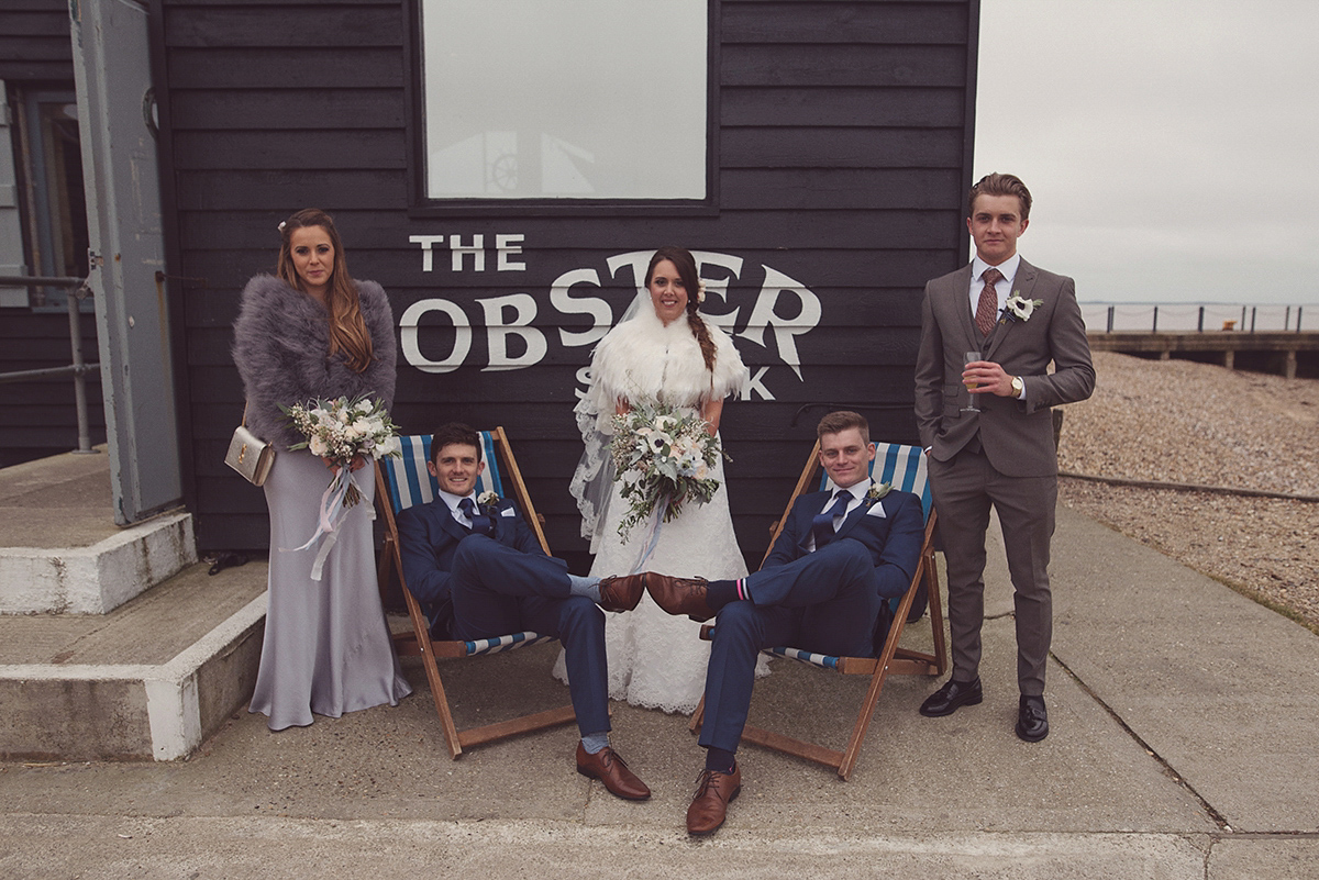 Florist Joanne of Joanne Truby Floral Design wore Stewart Parvin to marry her beau Steve by the sea in Whitstable. Photography by Rebecca Douglas.