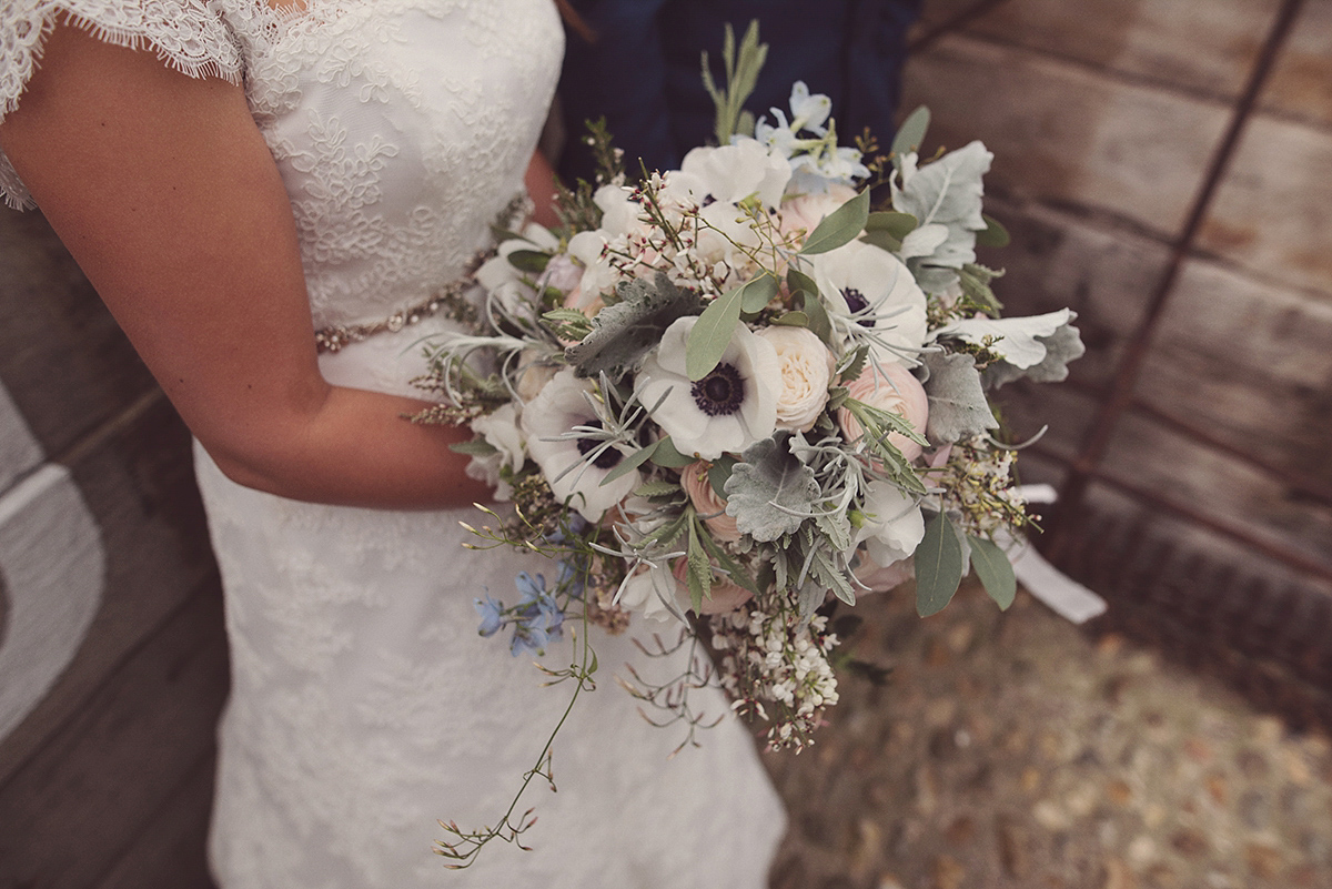 Florist Joanne of Joanne Truby Floral Design wore Stewart Parvin to marry her beau Steve by the sea in Whitstable. Photography by Rebecca Douglas.