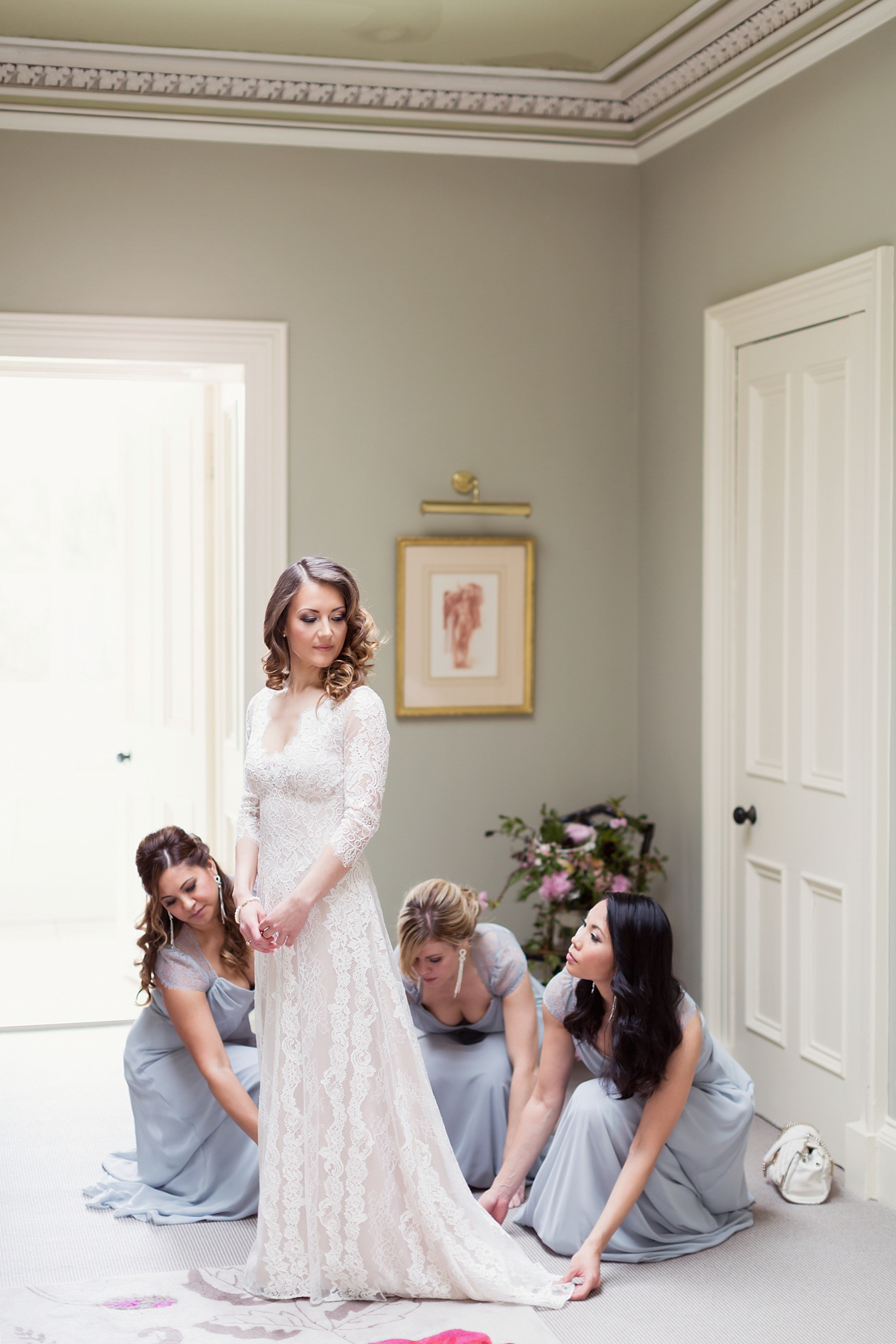 Bride Lisa wore a Claire Pettibone gown for her ethereal, elegant, rustic and vintage inspired wedding at Rowallan Castle in Scotland, Photography by Craig & Eva Sanders.