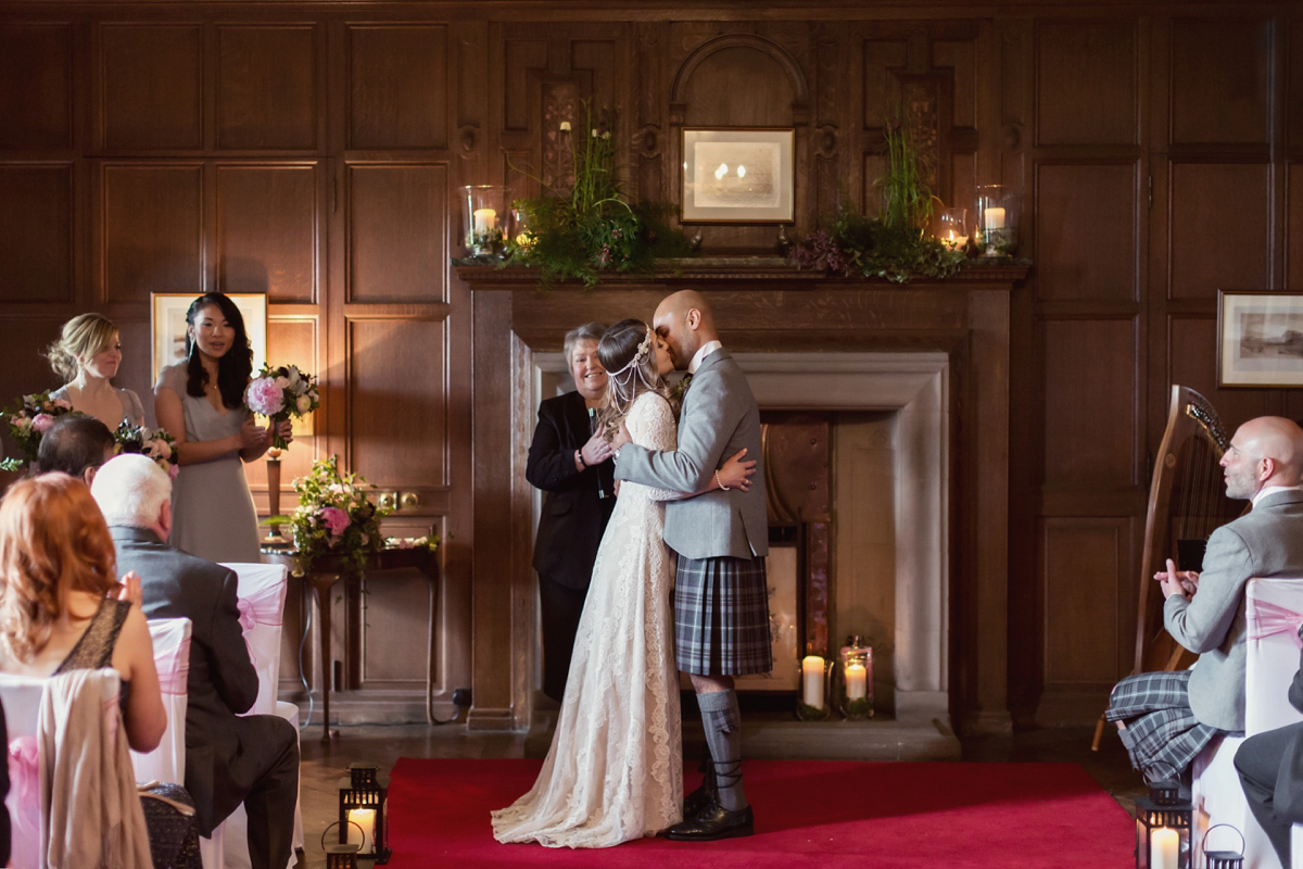 Bride Lisa wore a Claire Pettibone gown for her ethereal, elegant, rustic and vintage inspired wedding at Rowallan Castle in Scotland, Photography by Craig & Eva Sanders.