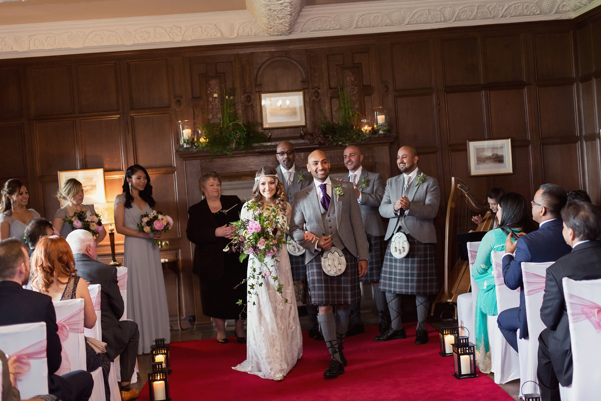 Bride Lisa wore a Claire Pettibone gown for her ethereal, elegant, rustic and vintage inspired wedding at Rowallan Castle in Scotland, Photography by Craig & Eva Sanders.