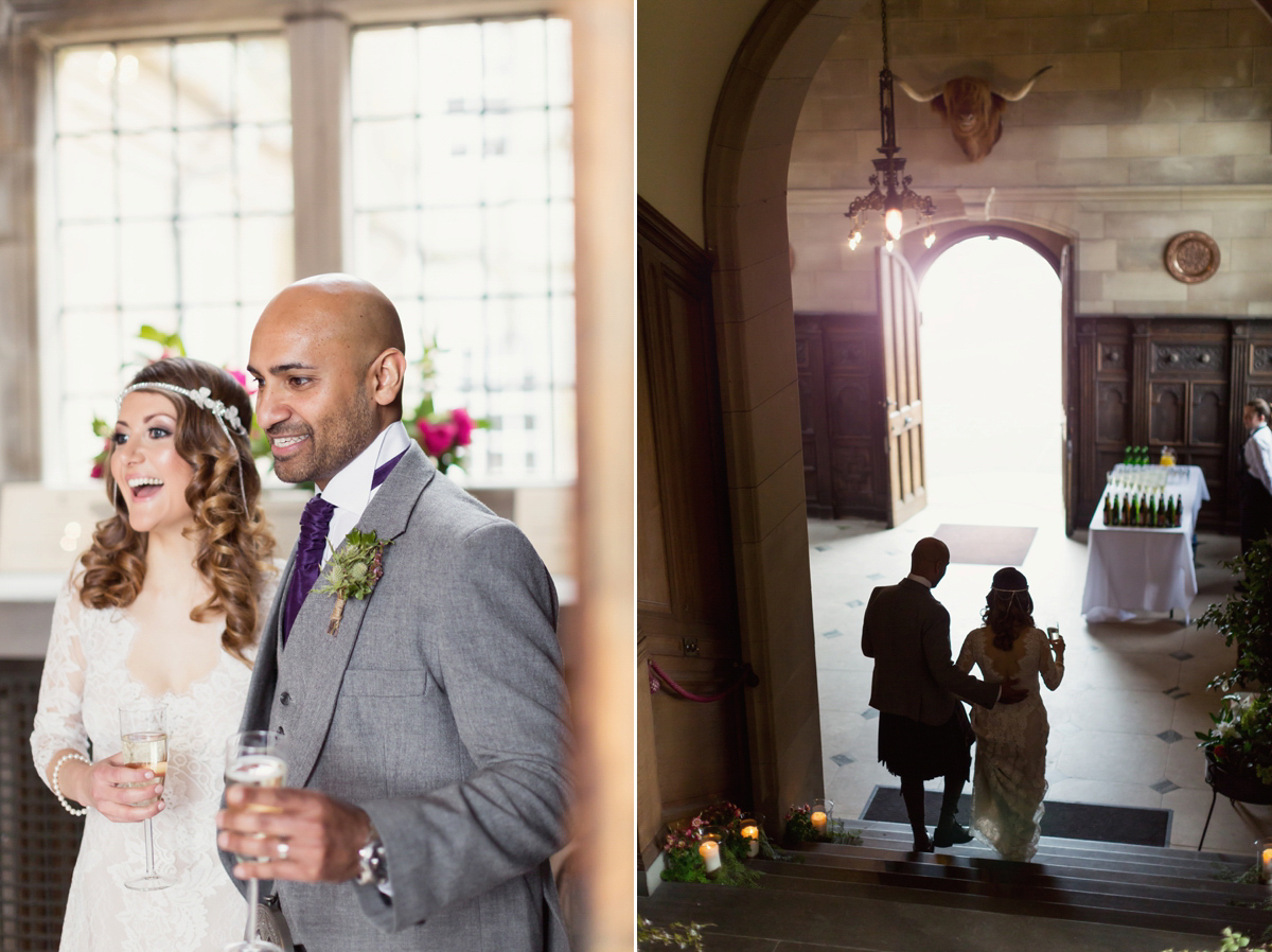 Bride Lisa wore a Claire Pettibone gown for her ethereal, elegant, rustic and vintage inspired wedding at Rowallan Castle in Scotland, Photography by Craig & Eva Sanders.