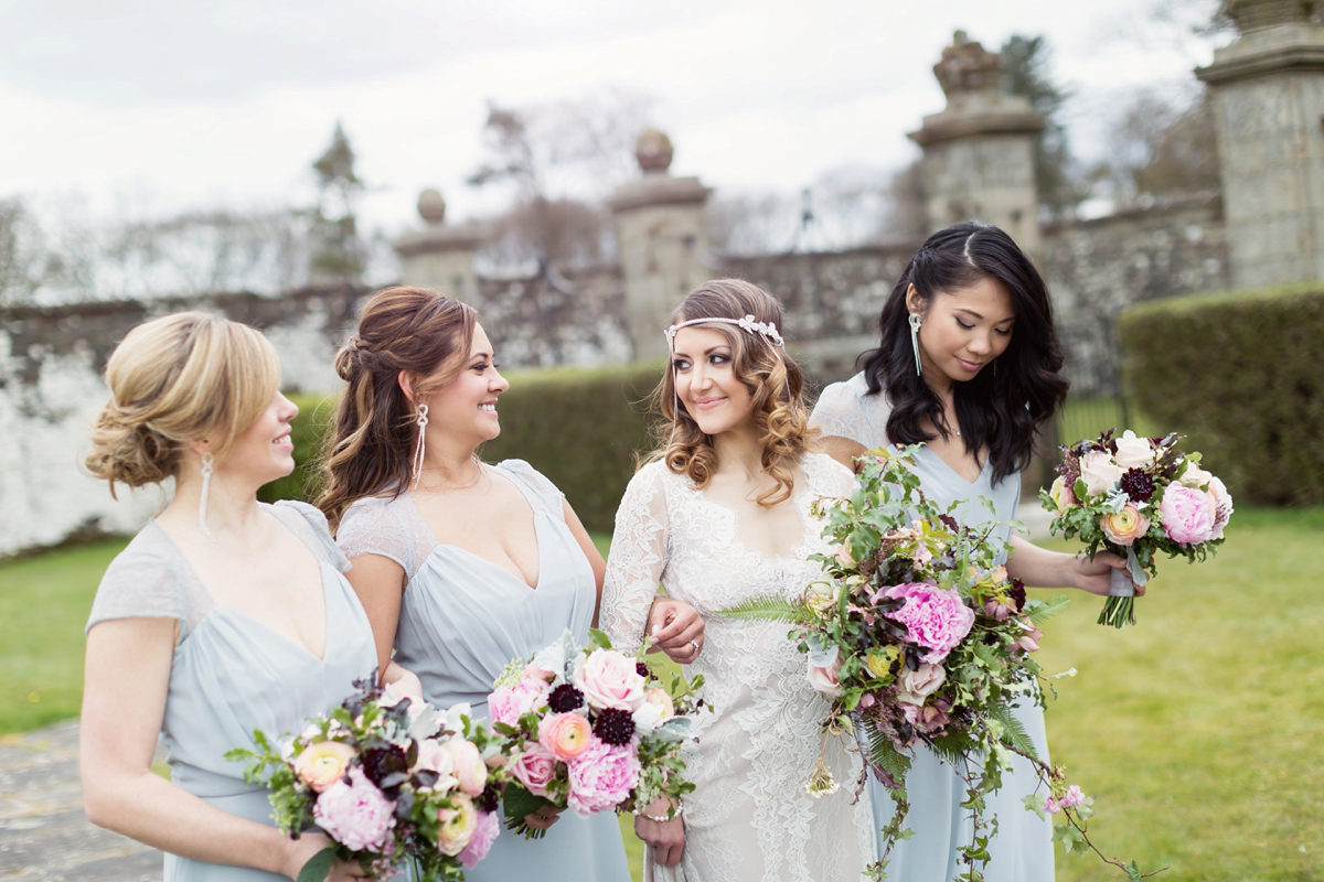 Bride Lisa wore a Claire Pettibone gown for her ethereal, elegant, rustic and vintage inspired wedding at Rowallan Castle in Scotland, Photography by Craig & Eva Sanders.