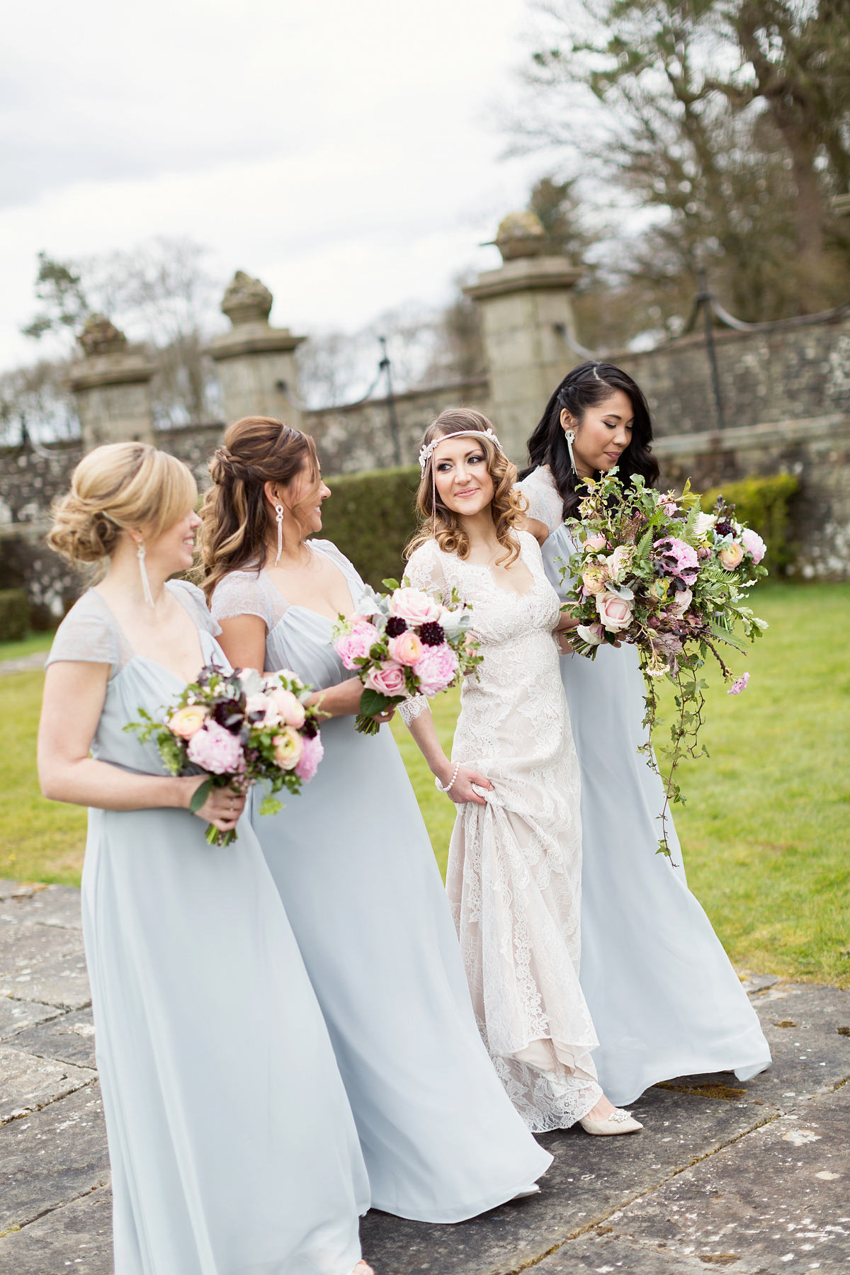 Bride Lisa wore a Claire Pettibone gown for her ethereal, elegant, rustic and vintage inspired wedding at Rowallan Castle in Scotland, Photography by Craig & Eva Sanders.