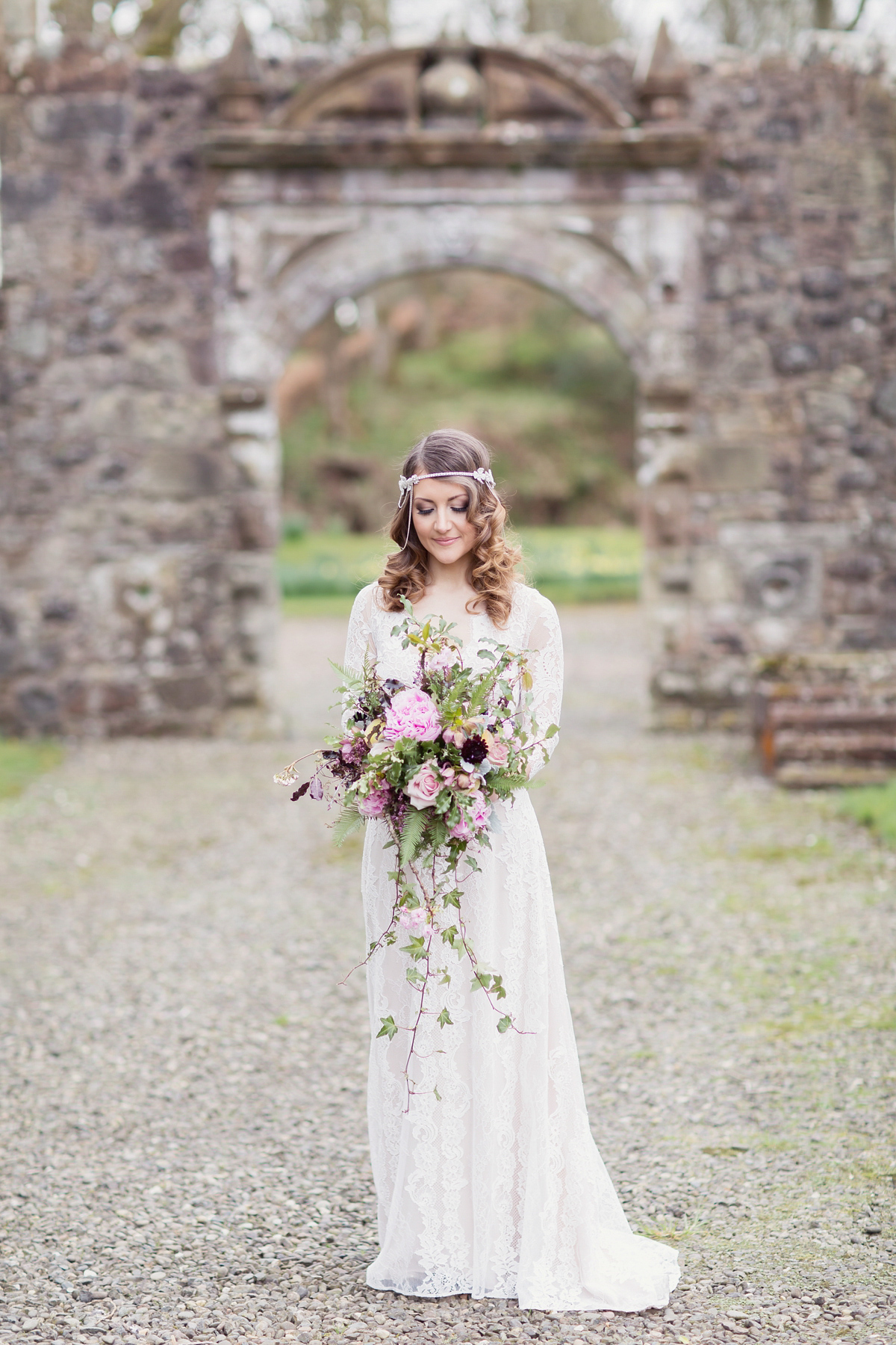 Bride Lisa wore a Claire Pettibone gown for her ethereal, elegant, rustic and vintage inspired wedding at Rowallan Castle in Scotland, Photography by Craig & Eva Sanders.