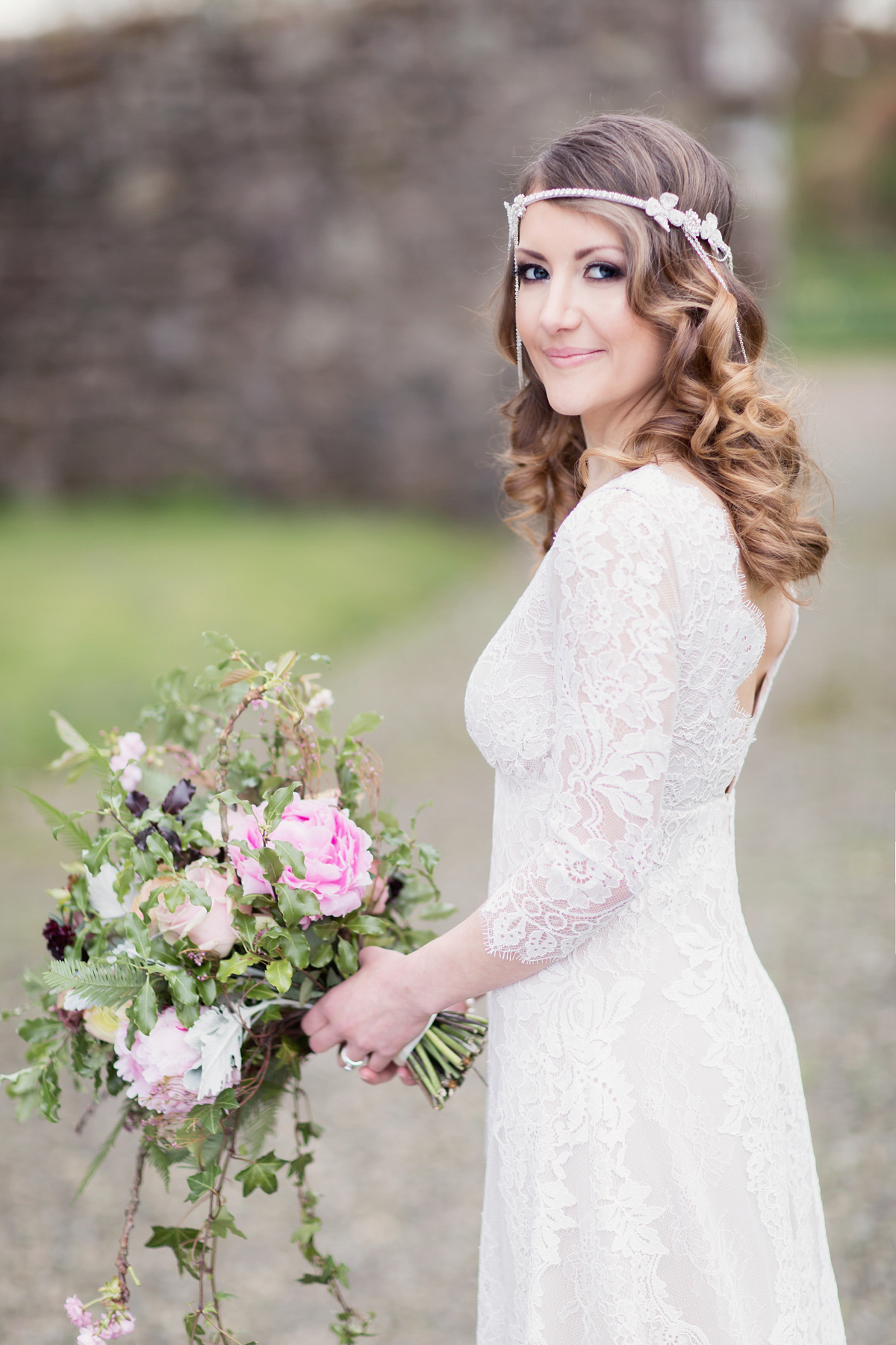 Bride Lisa wore a Claire Pettibone gown for her ethereal, elegant, rustic and vintage inspired wedding at Rowallan Castle in Scotland, Photography by Craig & Eva Sanders.