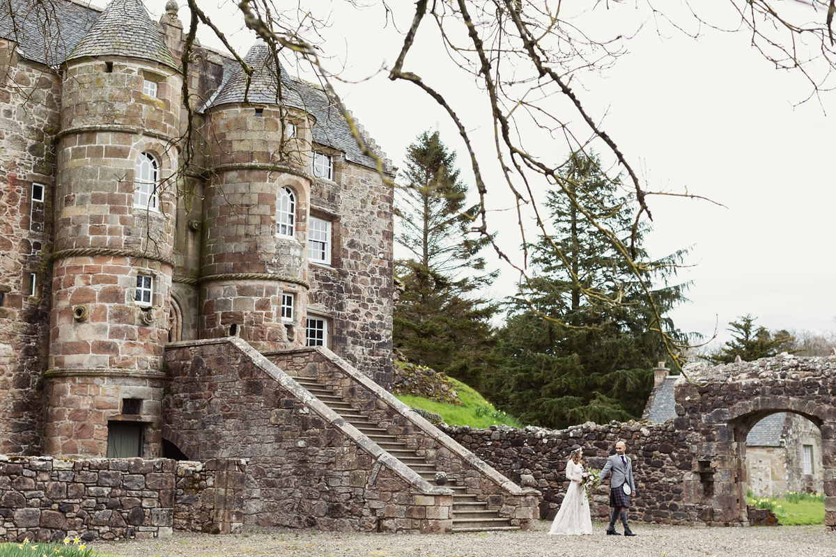 Bride Lisa wore a Claire Pettibone gown for her ethereal, elegant, rustic and vintage inspired wedding at Rowallan Castle in Scotland, Photography by Craig & Eva Sanders.