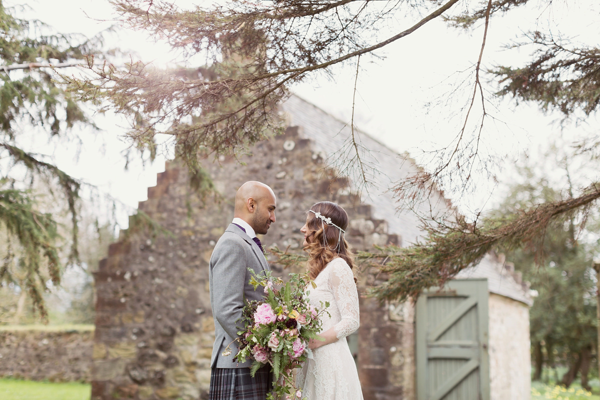 Bride Lisa wore a Claire Pettibone gown for her ethereal, elegant, rustic and vintage inspired wedding at Rowallan Castle in Scotland, Photography by Craig & Eva Sanders.