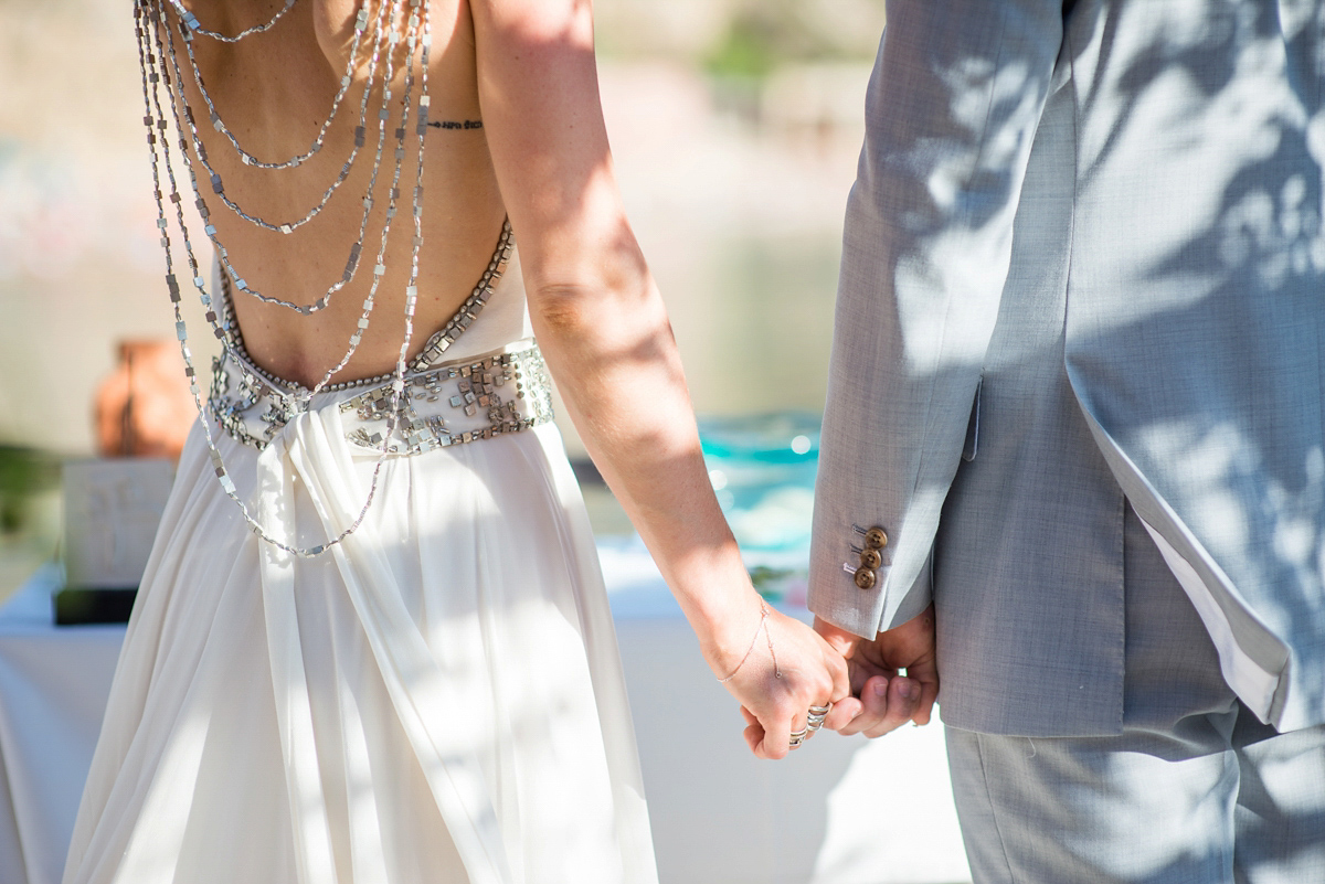 Leanne wore the Cleopatra gown by Amanda Wakeley for her spiritual and nature inspired wedding on the shores of Ibiza. Photography by Gypsy Westwood.