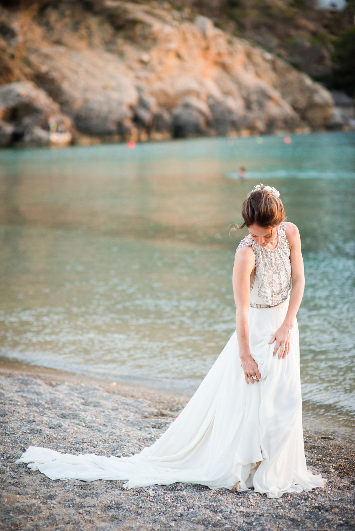 Leanne wore the Cleopatra gown by Amanda Wakeley for her spiritual and nature inspired wedding on the shores of Ibiza. Photography by Gypsy Westwood.