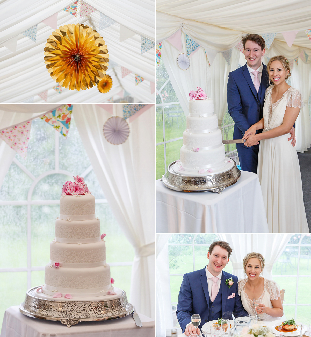 Emily wore Jenny Packham's 'Aspen' gown for her quintessentially English country house wedding in pastel shades.