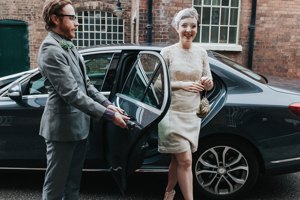 A short wedding dress and birdcage veil for a 1960's inspired bride. Image by Indie Photography.