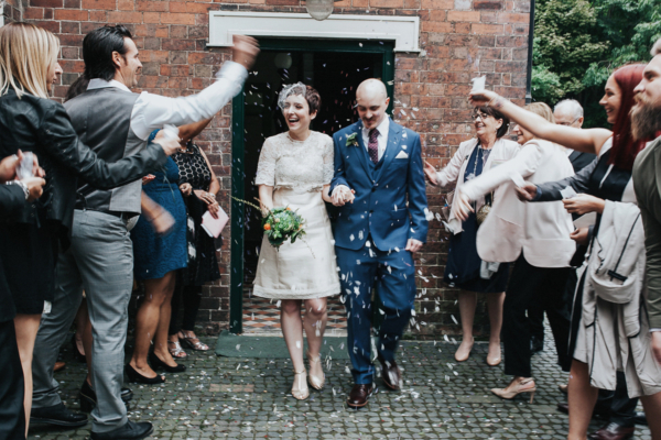 A Short, Chic Vintage Dress and Birdcage Veil for a 1960’s Inspired Bride